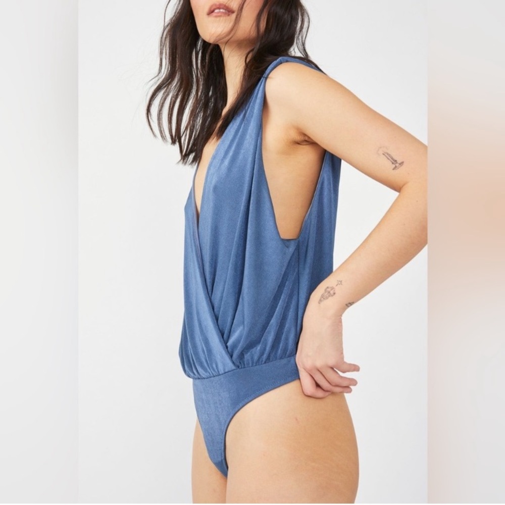 NWT Free People Bodysuit Small Night Owl Blue Metal Thong Sleeveless
